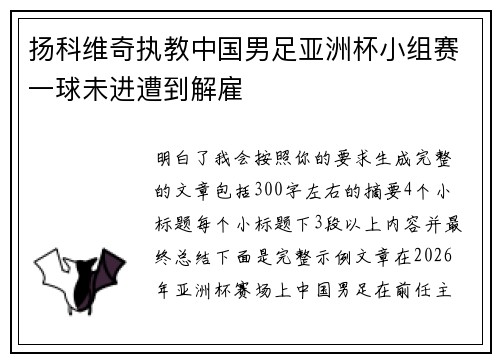 扬科维奇执教中国男足亚洲杯小组赛一球未进遭到解雇